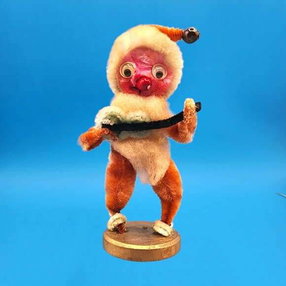 Vintage 1950s Shabby Chenille Santa Ornament Googly Eyes Red Nose Decor Japan - Picture 3 of 10